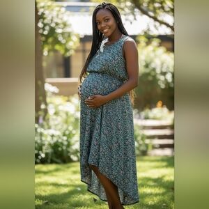 Three Seasons Maternity Sundress Navy Floral Chiffon Hi-Lo Midi Mom Tank Dress